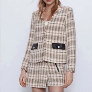 Zara Frayed Collarless V Neck Tweed Plaid Blazer